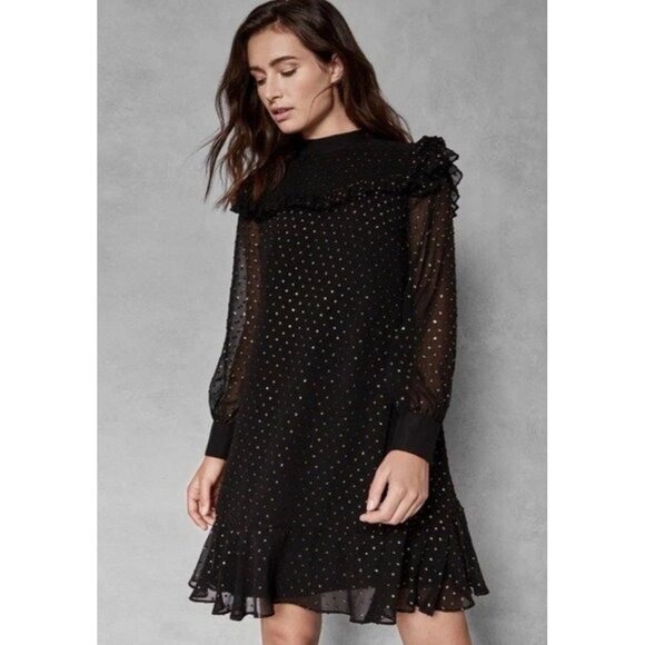 Ted Baker Black Gold Joyous High Neck Ruffle Mini Dress Sz 0 XS Holiday Party - Picture 1 of 9